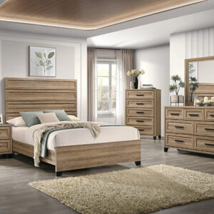 Jameson 7-piece bedroom set with panel bed, dresser, mirror, chest, and nightstand in a light oak wood finish with modern black hardware.