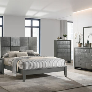 Denker gunmetal 7-piece bedroom set with modern panel bed, dresser, mirror, chest, and nightstand in a gunmetal gray finish with textured accents.