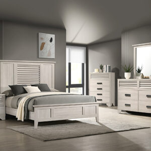 Sarter white 7-piece bedroom set with panel bed, dresser, mirror, chest, and nightstand in a whitewashed finish with louvered accents.