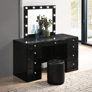 Avery black vanity set with lighted mirror, glass top, and multiple storage drawers.