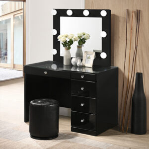 Morgan black vanity set with lighted mirror, glass top, and multiple storage drawers.