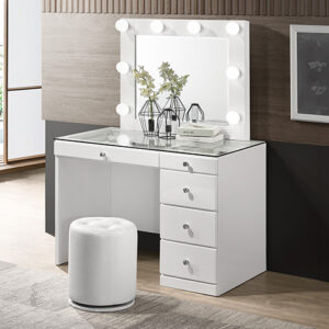 White vanity desk with illuminated mirror and storage drawers
