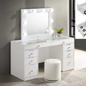 White vanity desk with LED lighted mirror and storage drawers