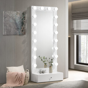 Tall white lighted vanity mirror with LED bulbs and storage drawer