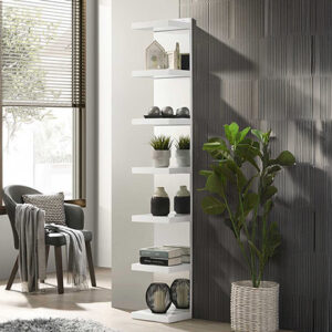 Modern white vertical display rack with multiple shelves. Sleek open design ideal for décor, books, plants, or bedroom and living room storage.