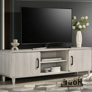 Modern white TV stand with rounded corners and cabinet doors
