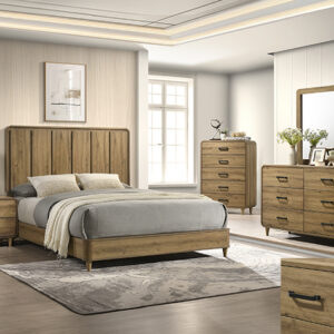 Nyomi light brown 7-piece bedroom set with panel bed, dresser, mirror, chest, and nightstand in a light brown wood finish with modern design.