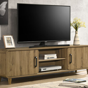 Modern light brown TV stand with rounded corners and cabinet storage
