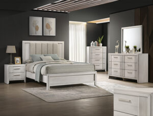 Carlton white 7-piece bedroom set with upholstered panel bed, dresser, mirror, chest, and nightstand in a white finish with modern clean design.