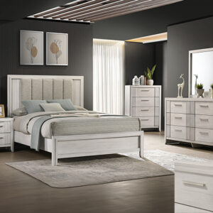 Carlton white 7-piece bedroom set with upholstered panel bed, dresser, mirror, chest, and nightstand in a white finish with modern clean design.