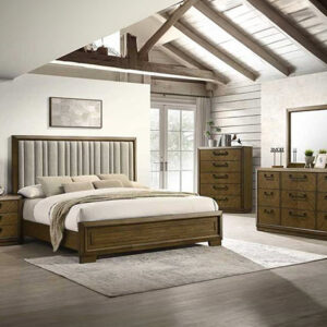 Lakecrest 7-piece bedroom set with upholstered panel bed, dresser, mirror, chest, and nightstand in a warm rustic wood finish with classic hardware.