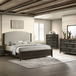 Ethel 7-piece bedroom set with upholstered bed, dresser, mirror, chest, and nightstand in a dark rustic wood finish with modern brass hardware.