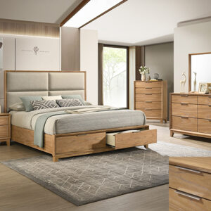 Florian 7-piece bedroom set with upholstered bed, dresser, mirror, chest, and nightstand in a warm natural wood finish with modern storage drawers.