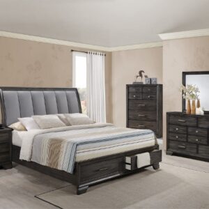 Jaymes 7-piece bedroom set with upholstered bed, dresser, mirror, chest, and nightstand in a dark charcoal wood finish with modern rustic styling.