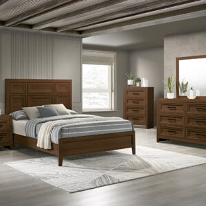 Lorraine brown 7-piece bedroom set with panel bed, dresser, mirror, chest, and nightstand in a warm brown wood finish with modern clean lines.