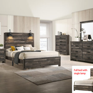 Carter 7-piece bedroom set with rustic panel bed, dresser, mirror, chest, and nightstand in a dark weathered wood finish with built-in headboard lights.