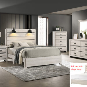 Carter white 7-piece bedroom set with panel bed, dresser, mirror, chest, and nightstand in a whitewashed finish with built-in headboard lights.