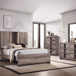 Rangley 7-piece bedroom set with modern panel bed, dresser, mirror, chest, and nightstand in a gray wood finish with bold black accent detailing.