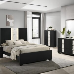 Rangley black 7-piece bedroom set with modern panel bed, dresser, mirror, chest, and nightstand in a black finish with marble-style accent panels.