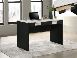 Black writing desk with marble-look top and storage drawers