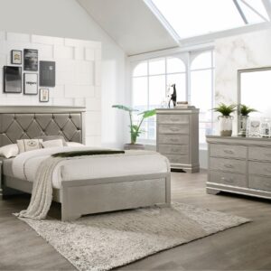 Amalia 7-piece bedroom set with upholstered bed, dresser, mirror, chest, and nightstand in a silver gray finish with modern glam styling and textured drawer fronts.