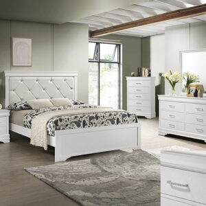 Amalia white 7-piece bedroom set with tufted upholstered bed, dresser, mirror, chest, and nightstand in a bright white finish with glam styling.
