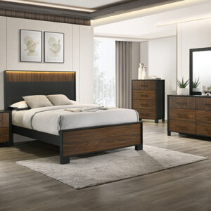 Nemy 7-piece bedroom set with modern panel bed, dresser, mirror, chest, and nightstand in a walnut brown finish with black frame accents and LED headboard light.
