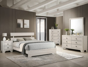 Atticus white 7-piece bedroom set with rustic platform bed, dresser, mirror, chest, and nightstand in a whitewashed wood finish with clean modern lines.