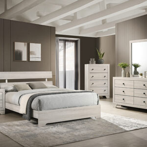 Atticus white 7-piece bedroom set with rustic platform bed, dresser, mirror, chest, and nightstand in a whitewashed wood finish with clean modern lines.