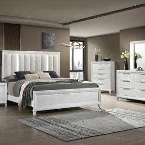 Cressida white 7-piece bedroom set with upholstered panel bed, dresser, mirror, chest, and nightstand in a white finish with modern clean lines and spacious storage.
