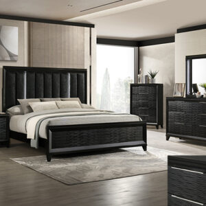 Cressida black 7-piece bedroom set with upholstered panel bed, dresser, mirror, chest, and nightstand in a black finish with textured drawer fronts and modern styling.