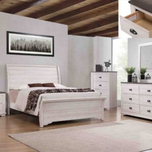 Coralee chalk grey 7-piece bedroom set with rustic sleigh-style bed, dresser, mirror, chest, and nightstand in a two-tone chalk white and gray wood finish.