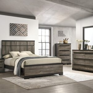 Remington 7-piece bedroom set with panel bed, dresser, mirror, chest, and nightstand in a rustic gray wood finish with clean modern lines and wide plank detailing.