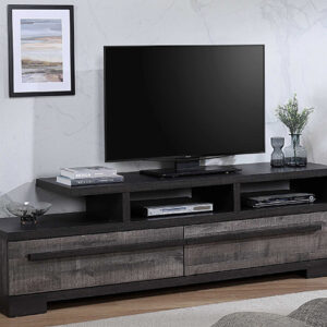 Gray and ebony modern TV stand with open shelves and storage drawers in contemporary living room setting