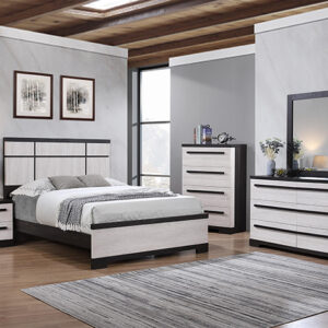 Remington black and white 7-piece bedroom set with modern panel bed, dresser, mirror, chest, and nightstand featuring a white wood finish with black trim and clean contemporary lines.