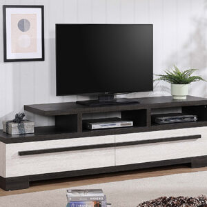 B8162-9 Remington chalk and ebony TV stand with open shelves and modern two-tone design in contemporary living room
