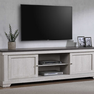 B8180-9 Leighton light wood TV stand with center media shelves and side cabinet storage in modern farmhouse living room