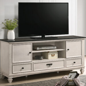 B9100-7 Sawyer farmhouse TV stand with light finish, cabinet doors, drawers, and open media shelf in living room
