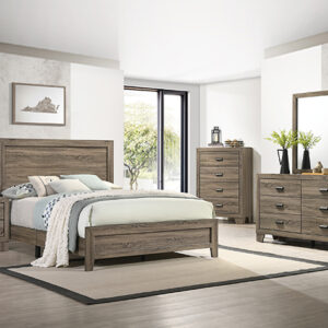 Millie B9200 bedroom set in driftwood oak finish featuring panel bed, dresser with mirror, chest, and nightstand in modern rustic style.