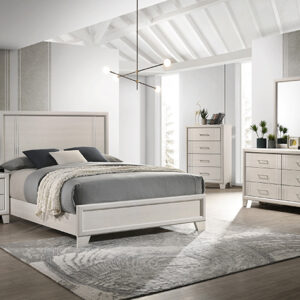 Charlie B9230 bedroom set in light neutral finish featuring panel bed, dresser with mirror, chest, and nightstand.