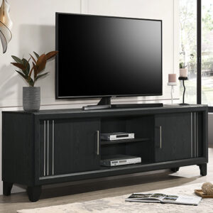 B9235-9 Charlie charcoal modern TV stand with cabinet doors and open center shelf in contemporary living room