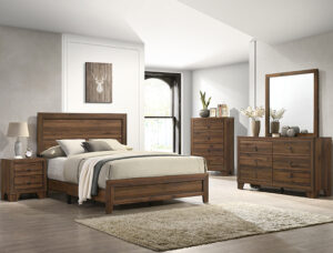 Millie B9250 bedroom set with warm brown wood finish, panel bed, dresser with mirror, chest, and nightstand.