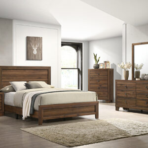 Millie B9250 bedroom set with warm brown wood finish, panel bed, dresser with mirror, chest, and nightstand.
