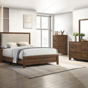Millie B9255 upholstered bedroom set in brown wood finish featuring upholstered headboard, dresser with mirror, chest, and nightstand.