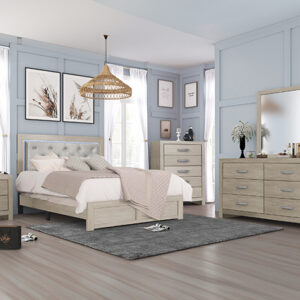 Jaylen B9270 bedroom set featuring an upholstered headboard, light wood finish, dresser with mirror, chest, and nightstand.