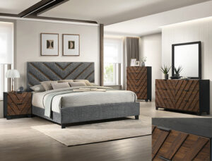 Zane B9275 bedroom set with upholstered chevron headboard, dark wood accents, dresser with mirror, chest, and nightstand.