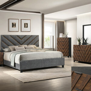Zane B9275 bedroom set with upholstered chevron headboard, dark wood accents, dresser with mirror, chest, and nightstand.