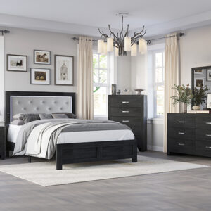 Jaylen B9280 black bedroom set with upholstered button-tufted headboard, dresser with mirror, chest, and nightstand.
