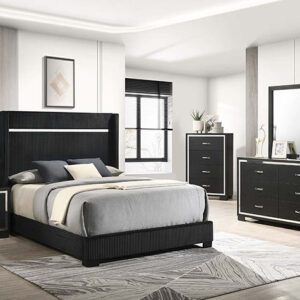 Gennro B9295 black bedroom set with modern ribbed headboard, sleek dresser with mirror, chest, and nightstand.