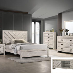 Valor B9330 white bedroom set with chevron headboard, dresser with mirror, chest, and nightstand.